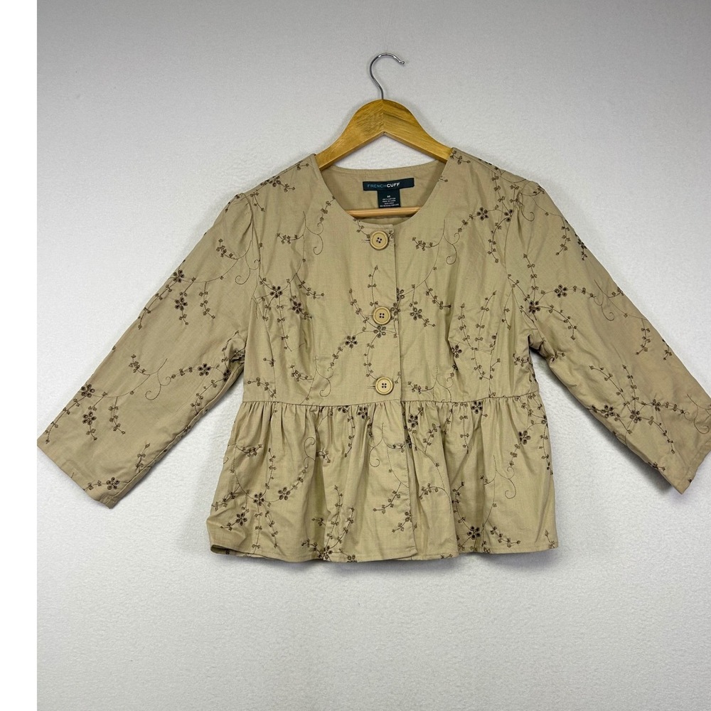 Fenimine French Cuff Women Medium Latte Floral‎ Embroidered Peplum Cotton Jacket